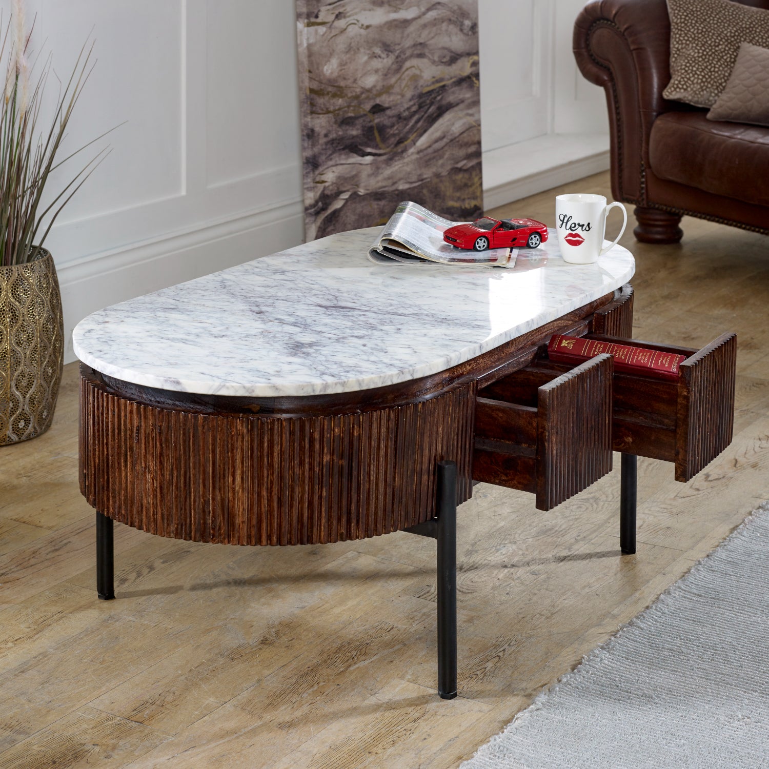 Cardella Mango Wood Rectangular Fluted Coffee Table With Marble Top & Metal Legs