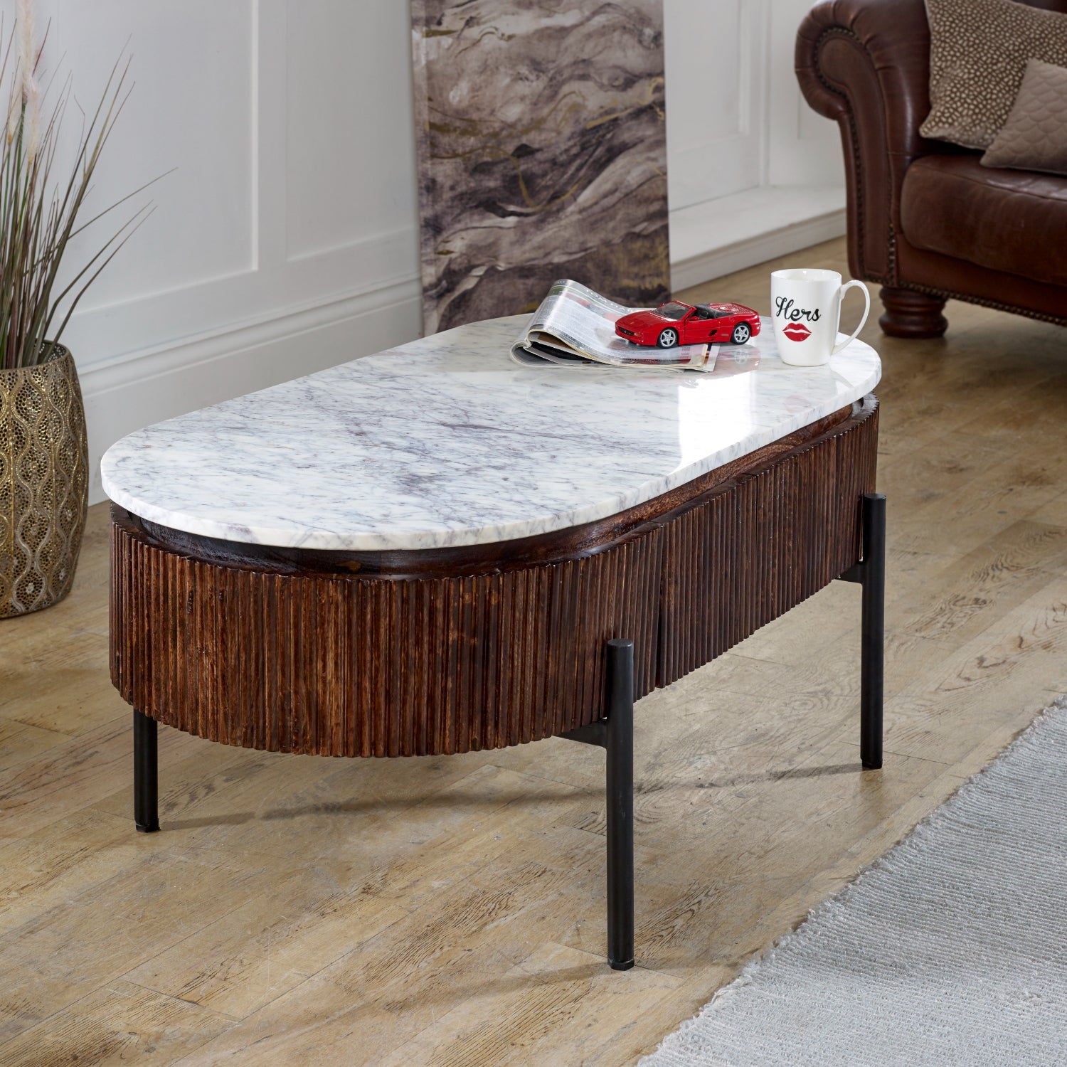 Cardella Mango Wood Rectangular Fluted Coffee Table With Marble Top & Metal Legs