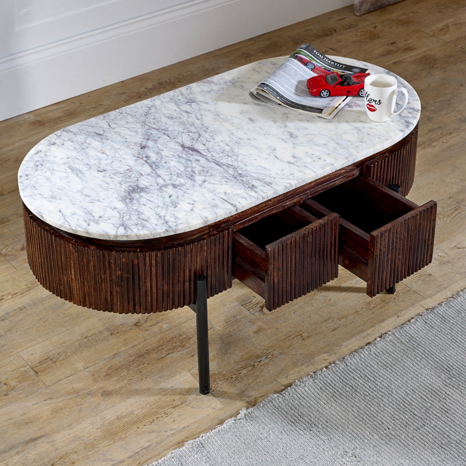 Cardella Mango Wood Rectangular Fluted Coffee Table With Marble Top & Metal Legs