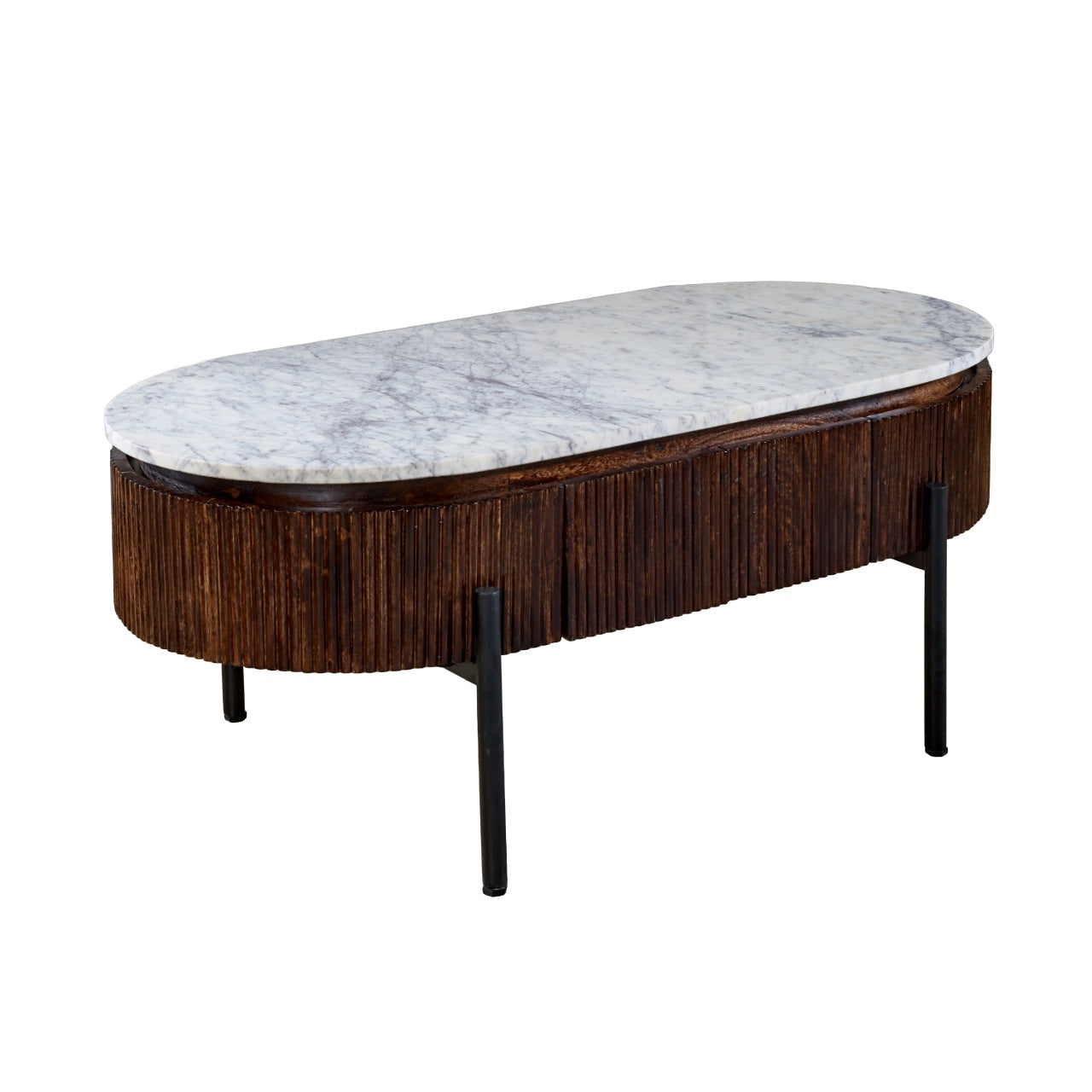Cardella Mango Wood Rectangular Fluted Coffee Table With Marble Top & Metal Legs