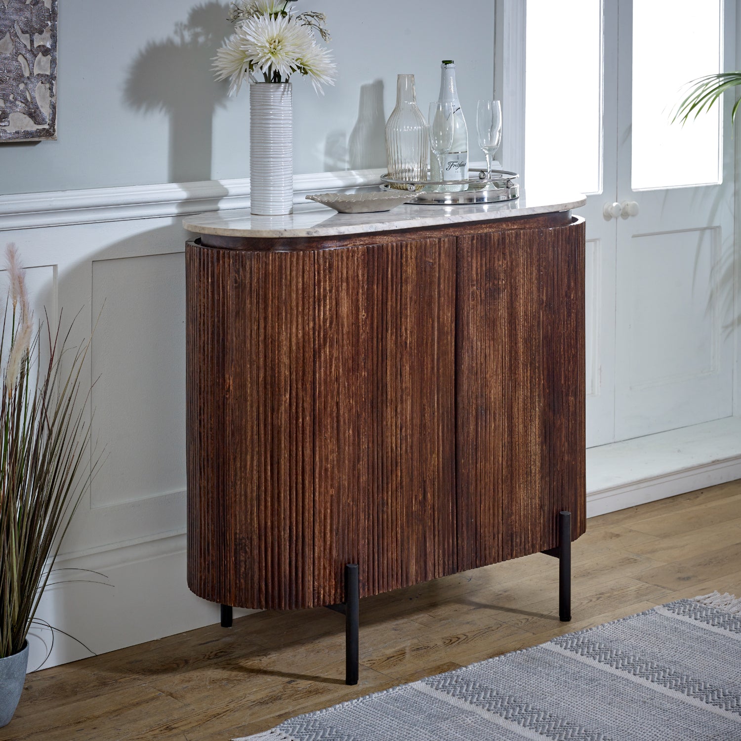 Cardella Solid Wood Sideboard/Drinks Cabinet With Marble Top & Metal Legs