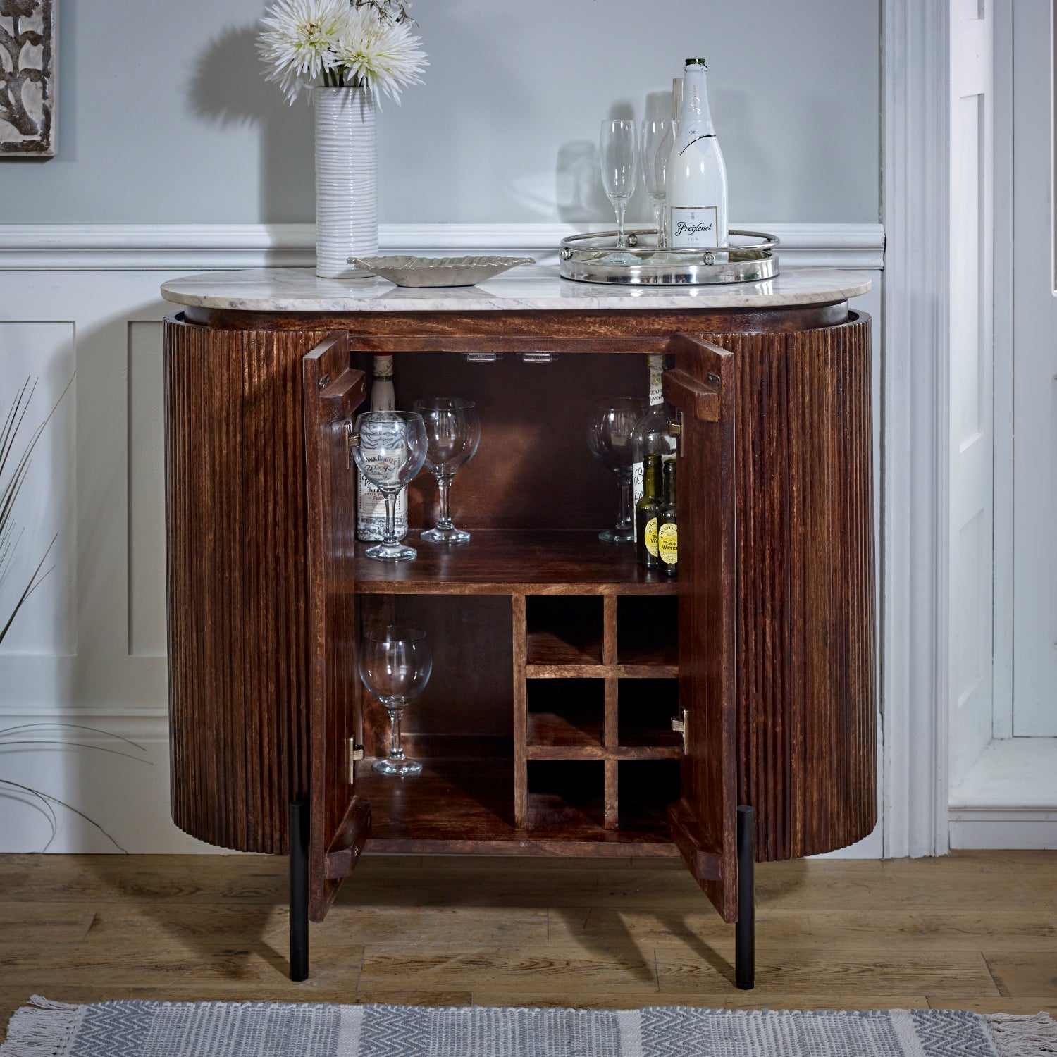 Cardella Solid Wood Sideboard/Drinks Cabinet With Marble Top & Metal Legs