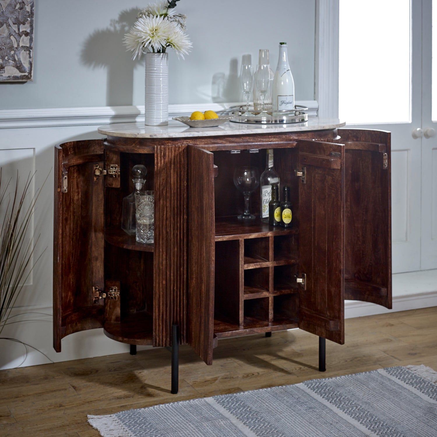 Cardella Solid Wood Sideboard/Drinks Cabinet With Marble Top & Metal Legs