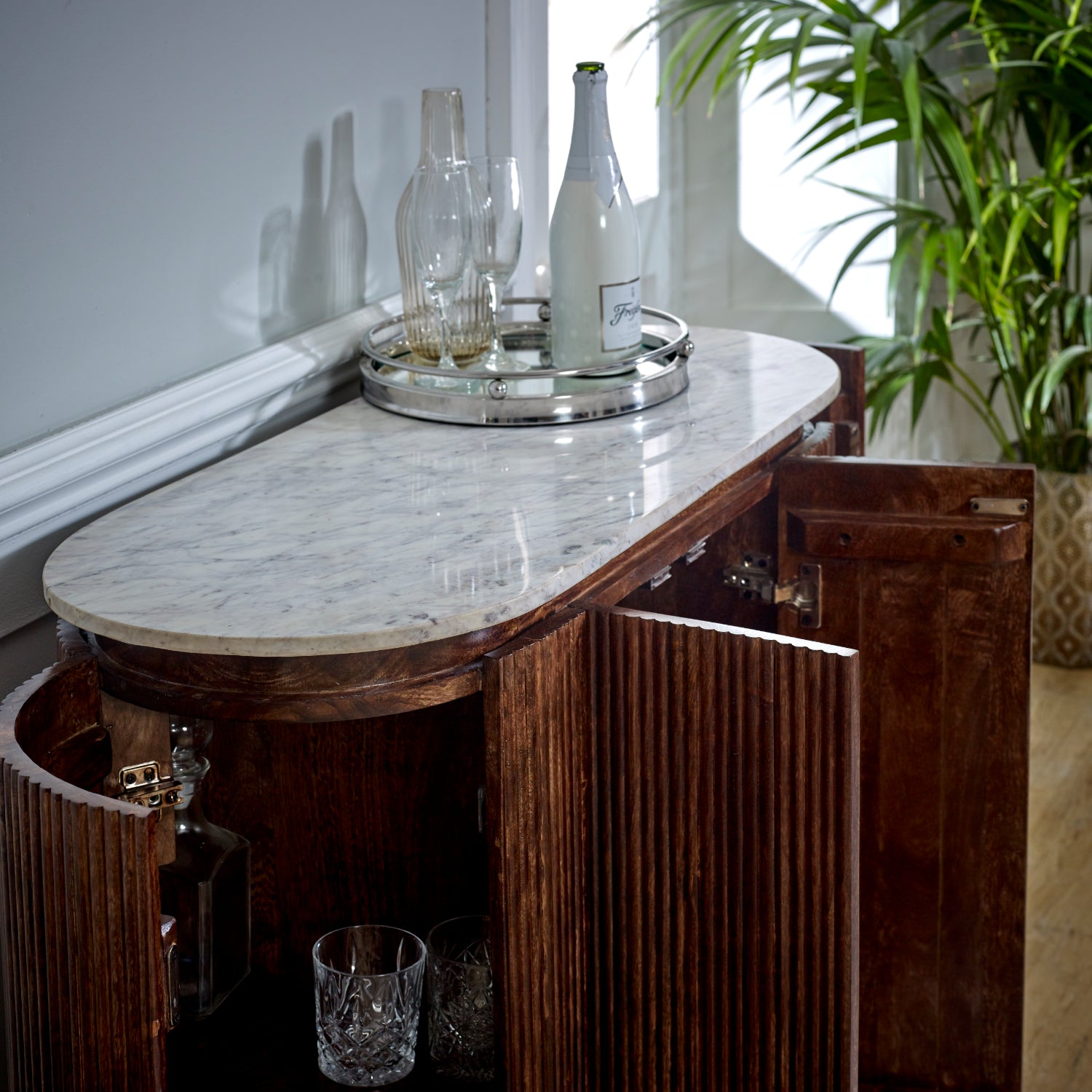 Cardella Solid Wood Sideboard/Drinks Cabinet With Marble Top & Metal Legs