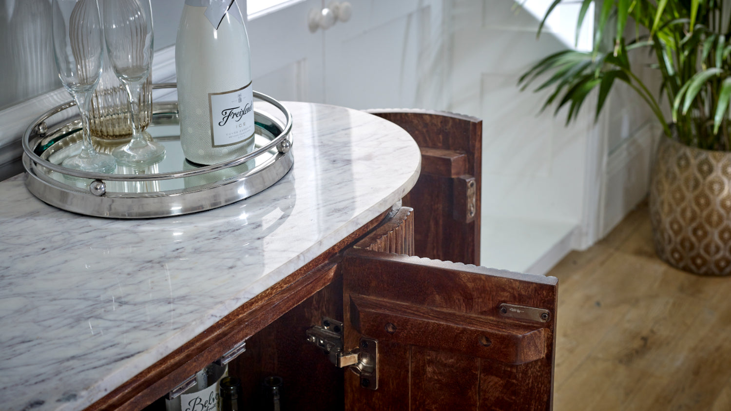 Cardella Solid Wood Sideboard/Drinks Cabinet With Marble Top & Metal Legs