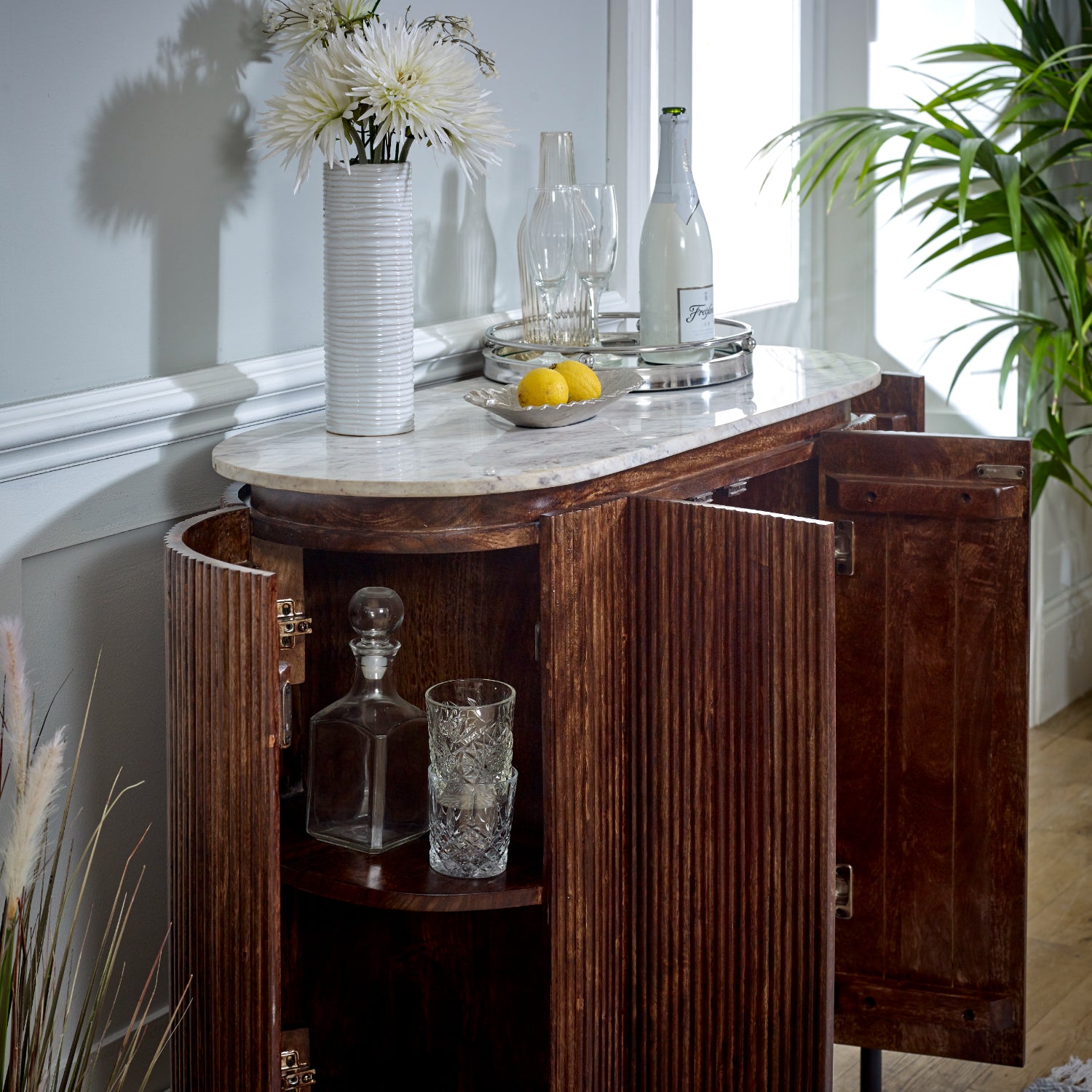 Cardella Solid Wood Sideboard/Drinks Cabinet With Marble Top & Metal Legs
