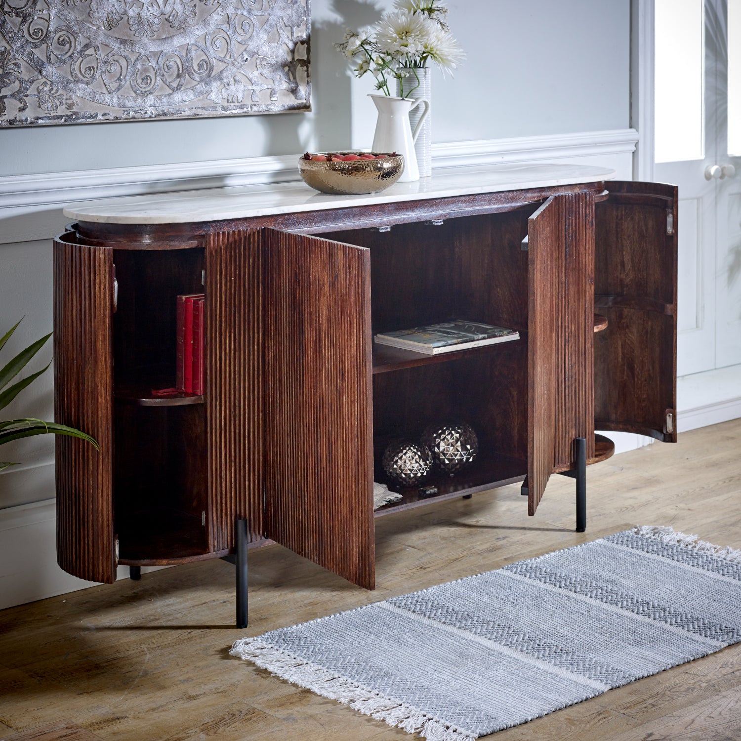 Cardella Mango Wood Sideboard With Marble Top & Metal Legs
