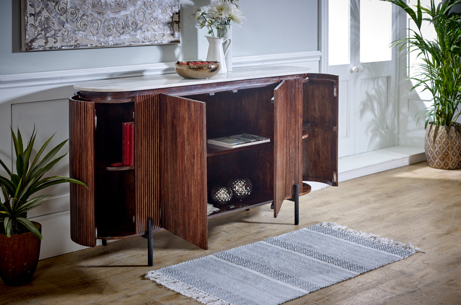 Cardella Mango Wood Sideboard With Marble Top & Metal Legs