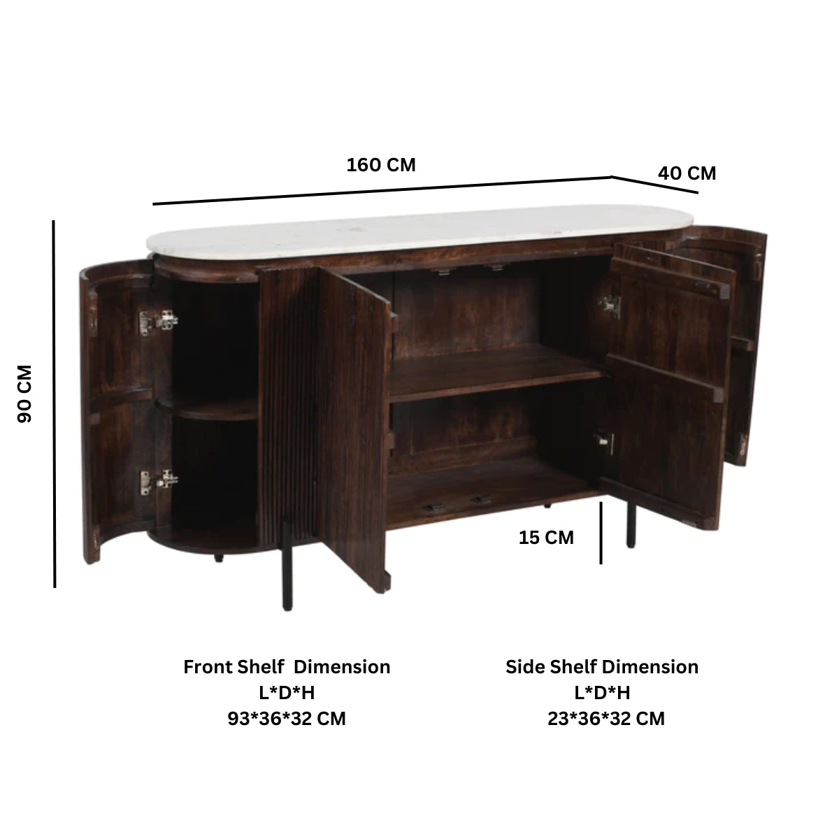 Cardella Mango Wood Sideboard With Marble Top & Metal Legs