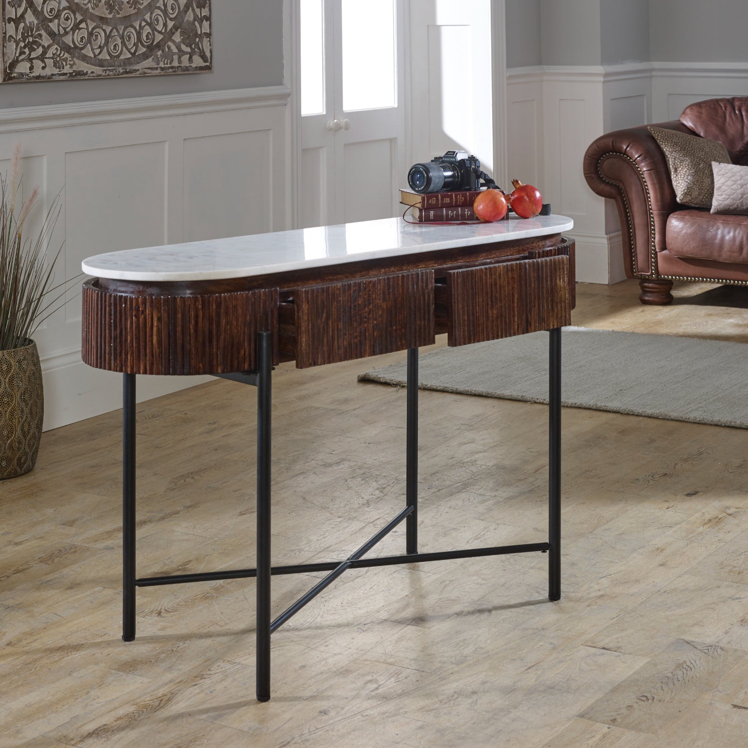 Cardella Mango Wood Console Table With Marble Top And Metal Legs