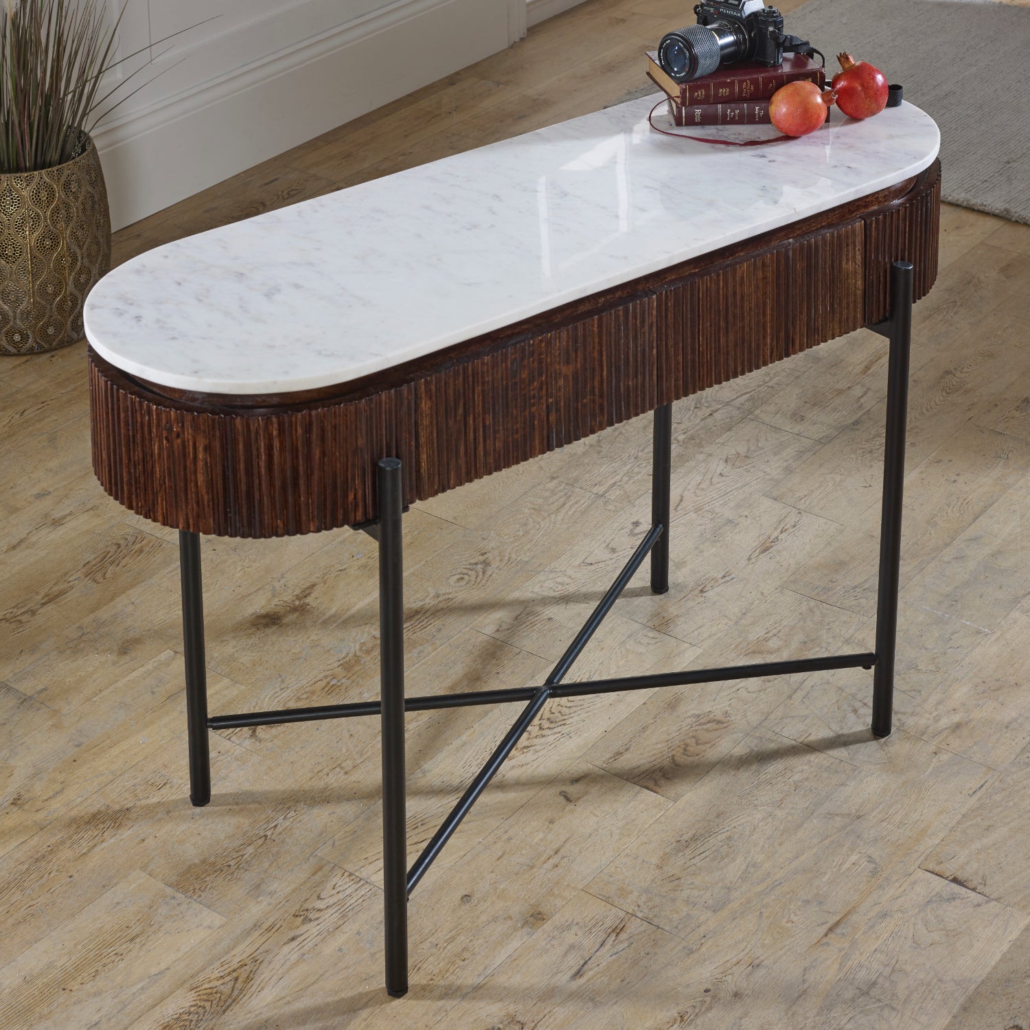 Cardella Mango Wood Console Table With Marble Top And Metal Legs