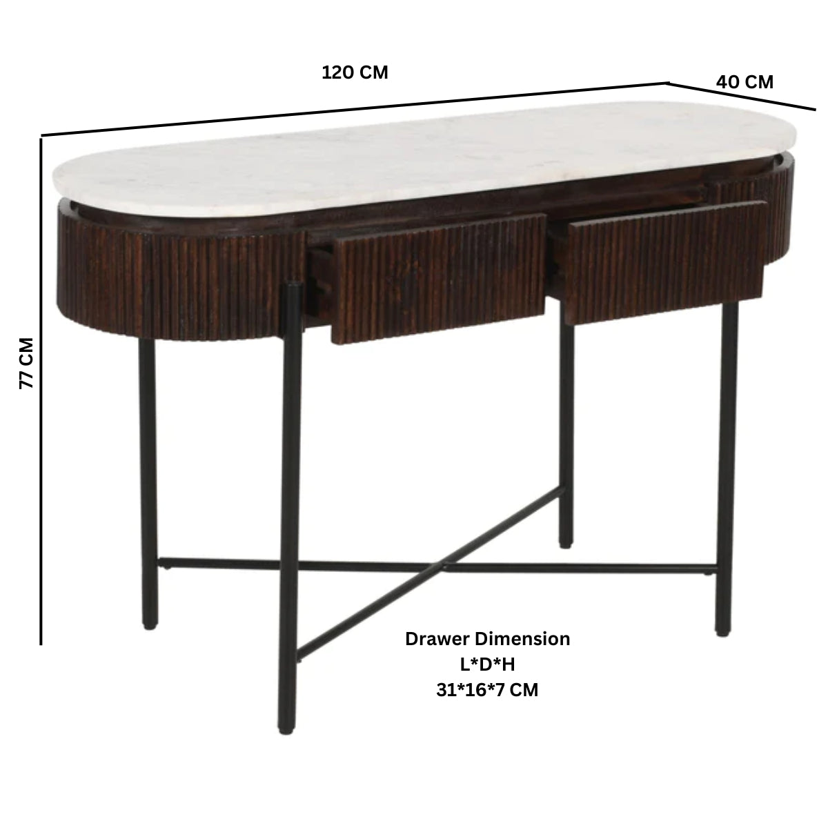 Cardella Mango Wood Console Table With Marble Top And Metal Legs