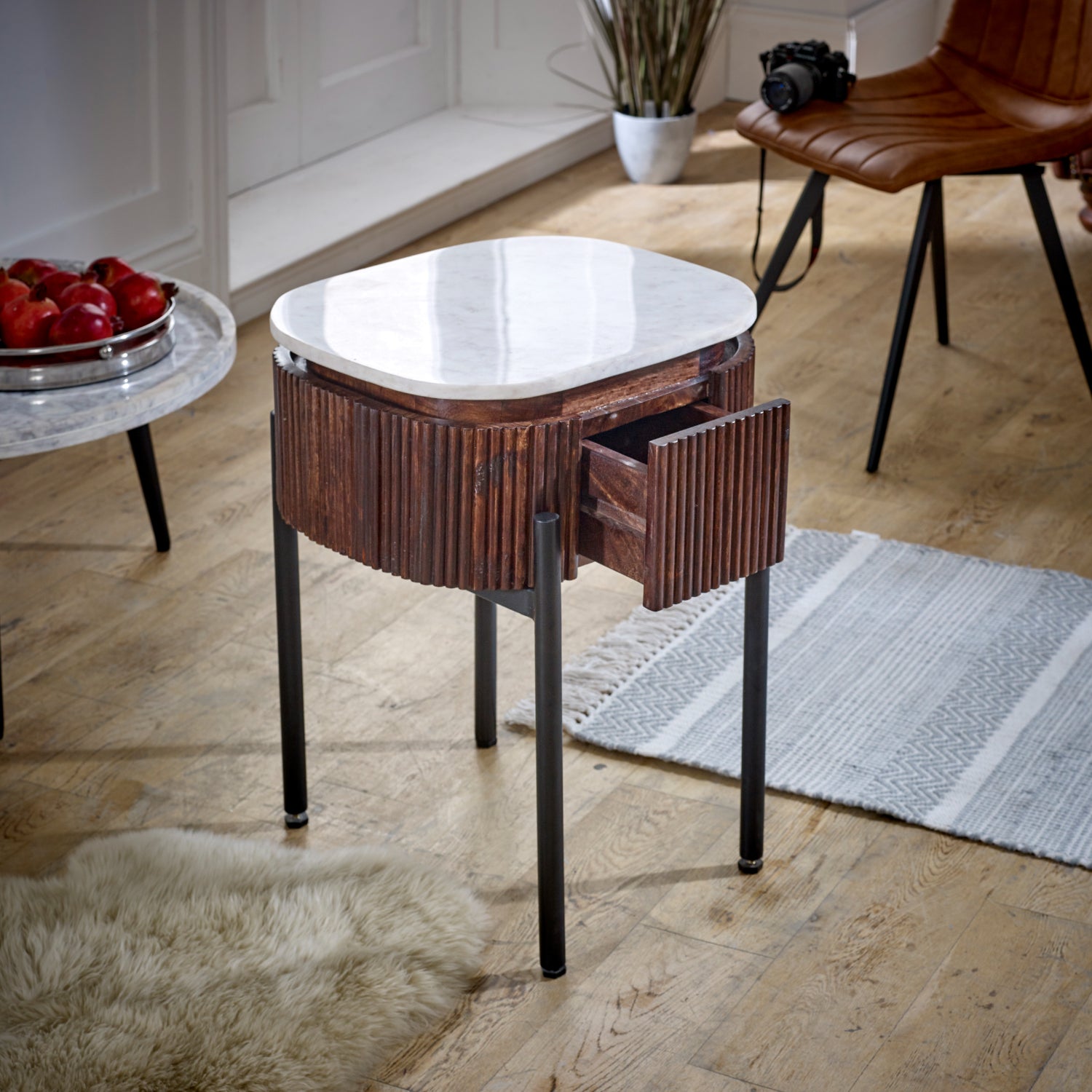 Cardella Mango Wood Bedside Table With Marble Top & Metal Legs