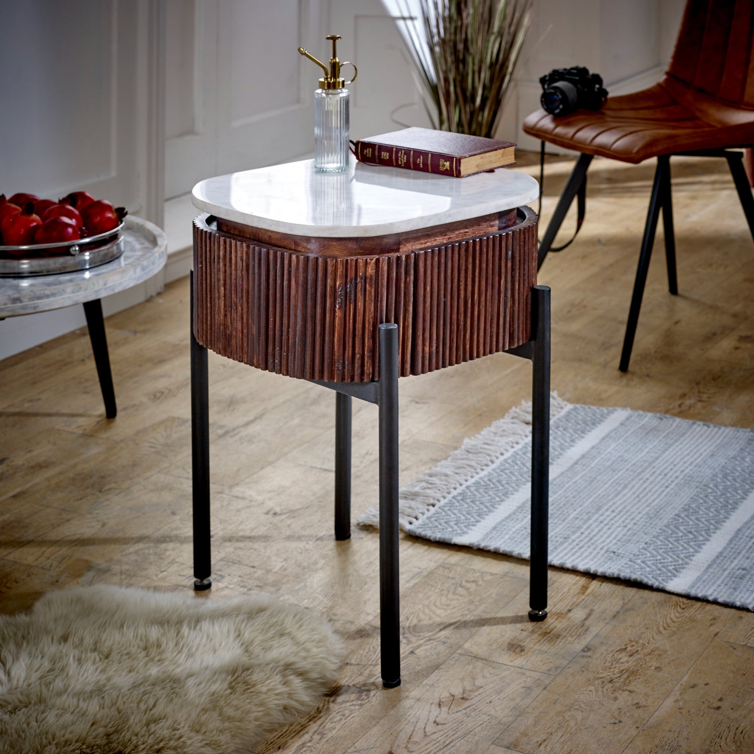 Cardella Mango Wood Bedside Table With Marble Top & Metal Legs