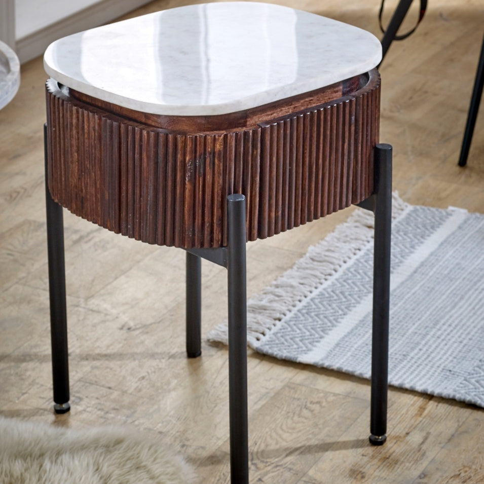 Cardella Mango Wood Bedside Table With Marble Top & Metal Legs