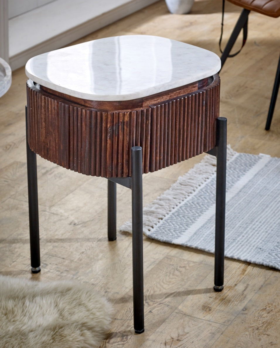 Cardella Mango Wood Bedside Table With Marble Top & Metal Legs