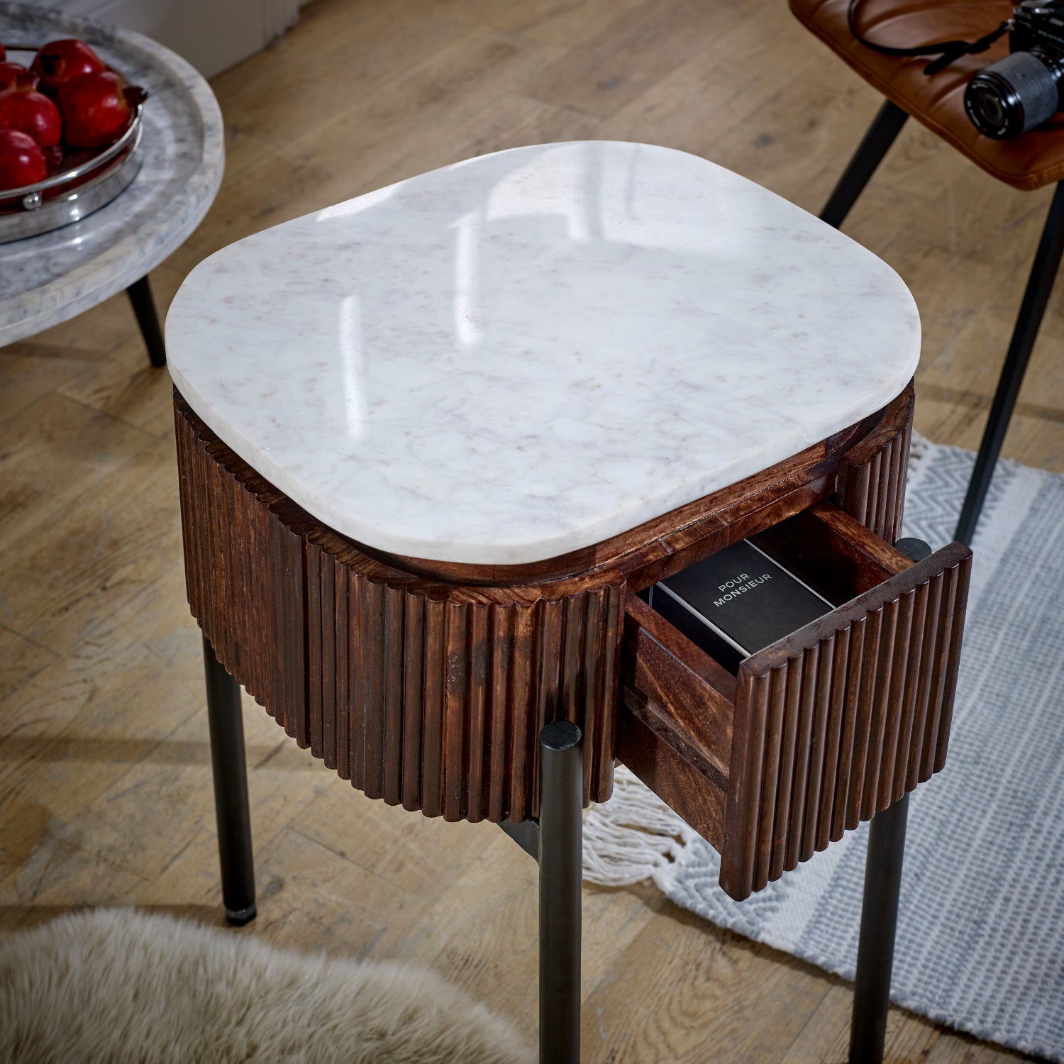 Cardella Mango Wood Bedside Table With Marble Top & Metal Legs