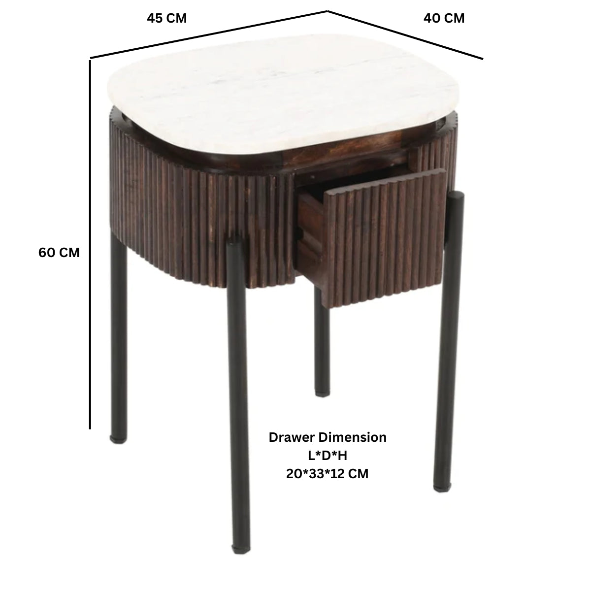 Cardella Mango Wood Bedside Table With Marble Top & Metal Legs