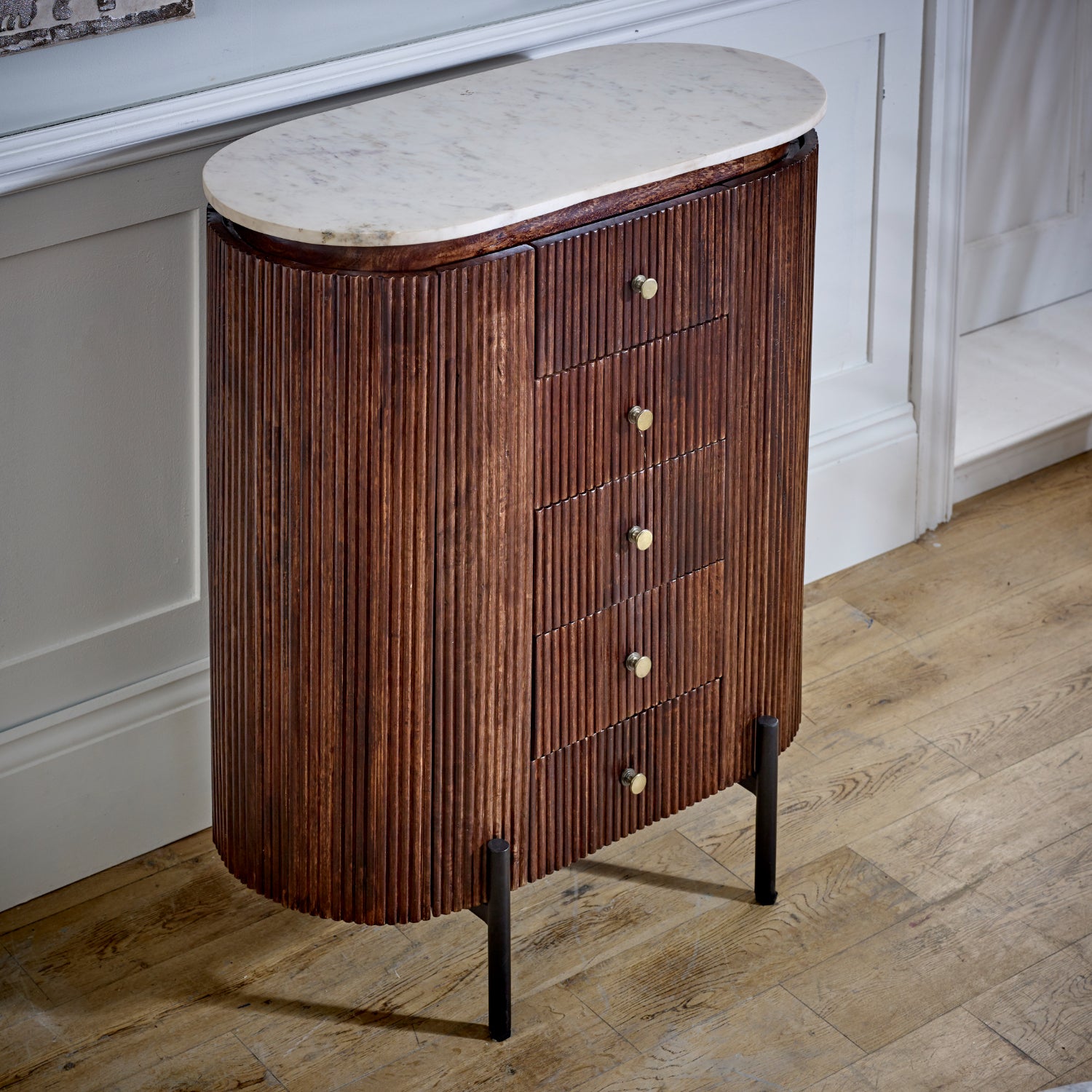 Cardella Mango Wood Wide Chest Of Drawers With Marble Top & Metal Legs