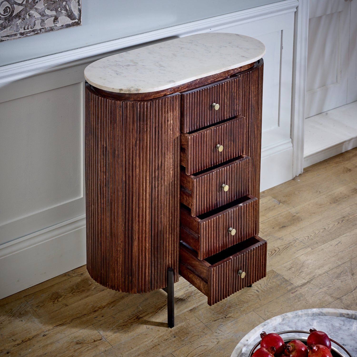 Cardella Mango Wood Wide Chest Of Drawers With Marble Top & Metal Legs