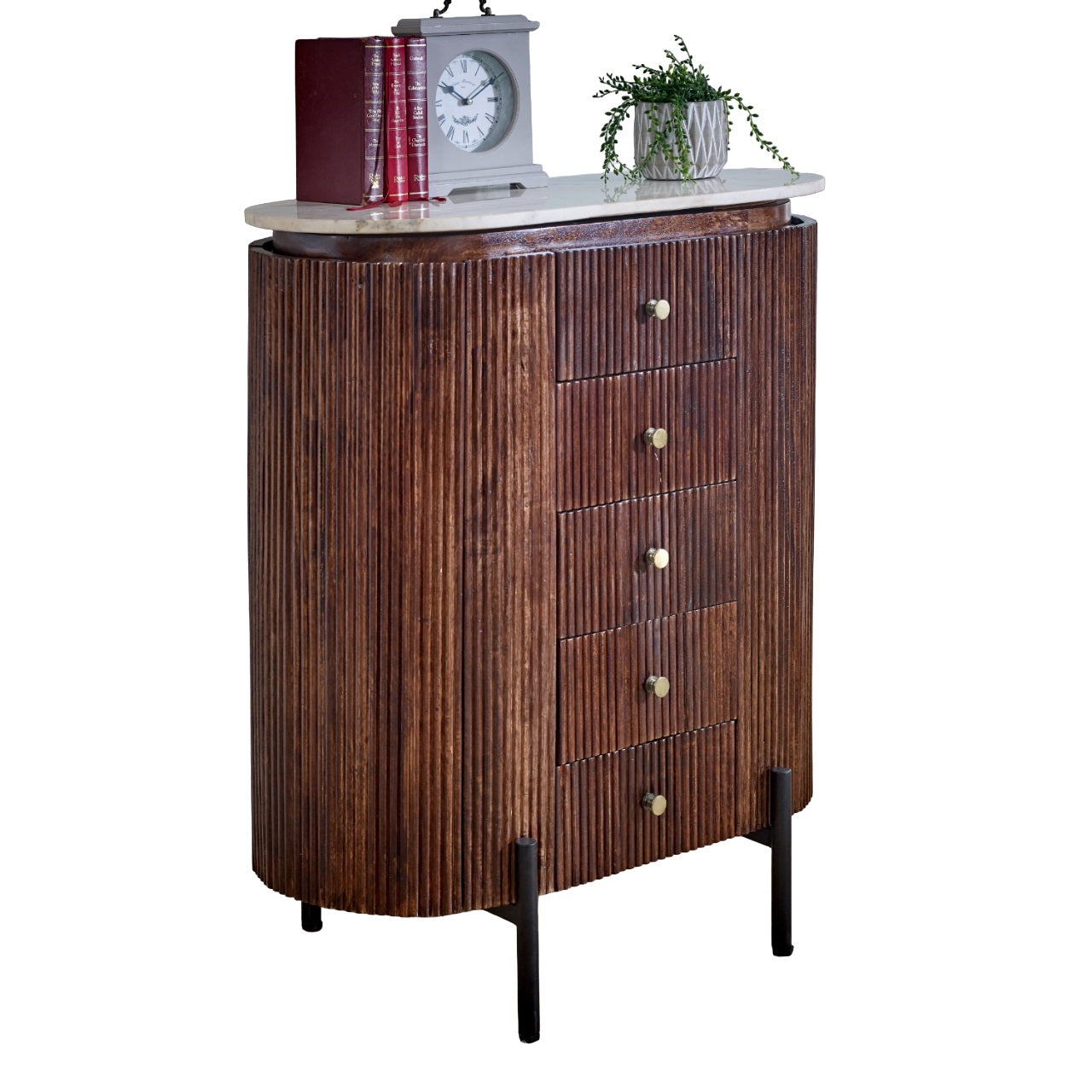 Cardella Mango Wood Wide Chest Of Drawers With Marble Top & Metal Legs