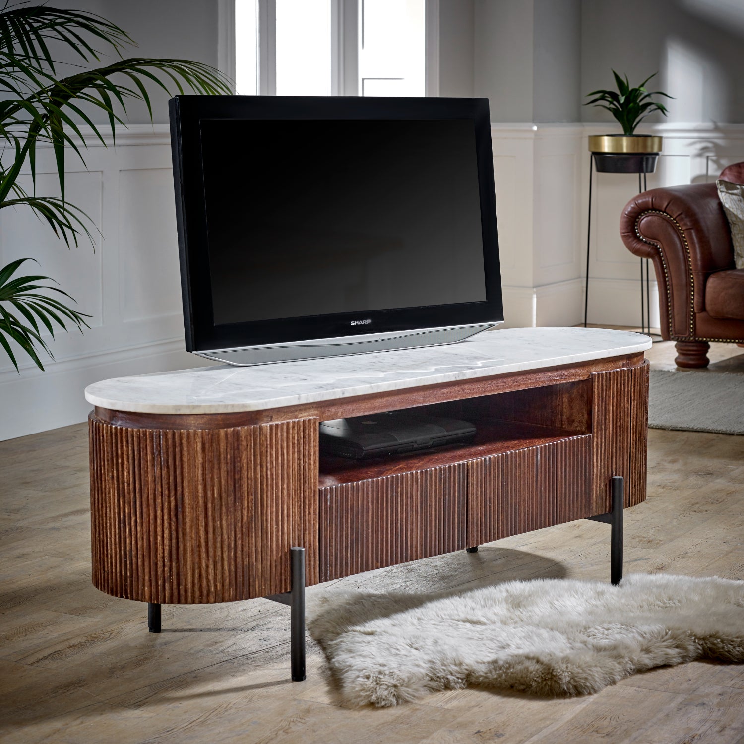 Cardella Mango Wood Tv Cabinet With Marble Top & Metal Legs