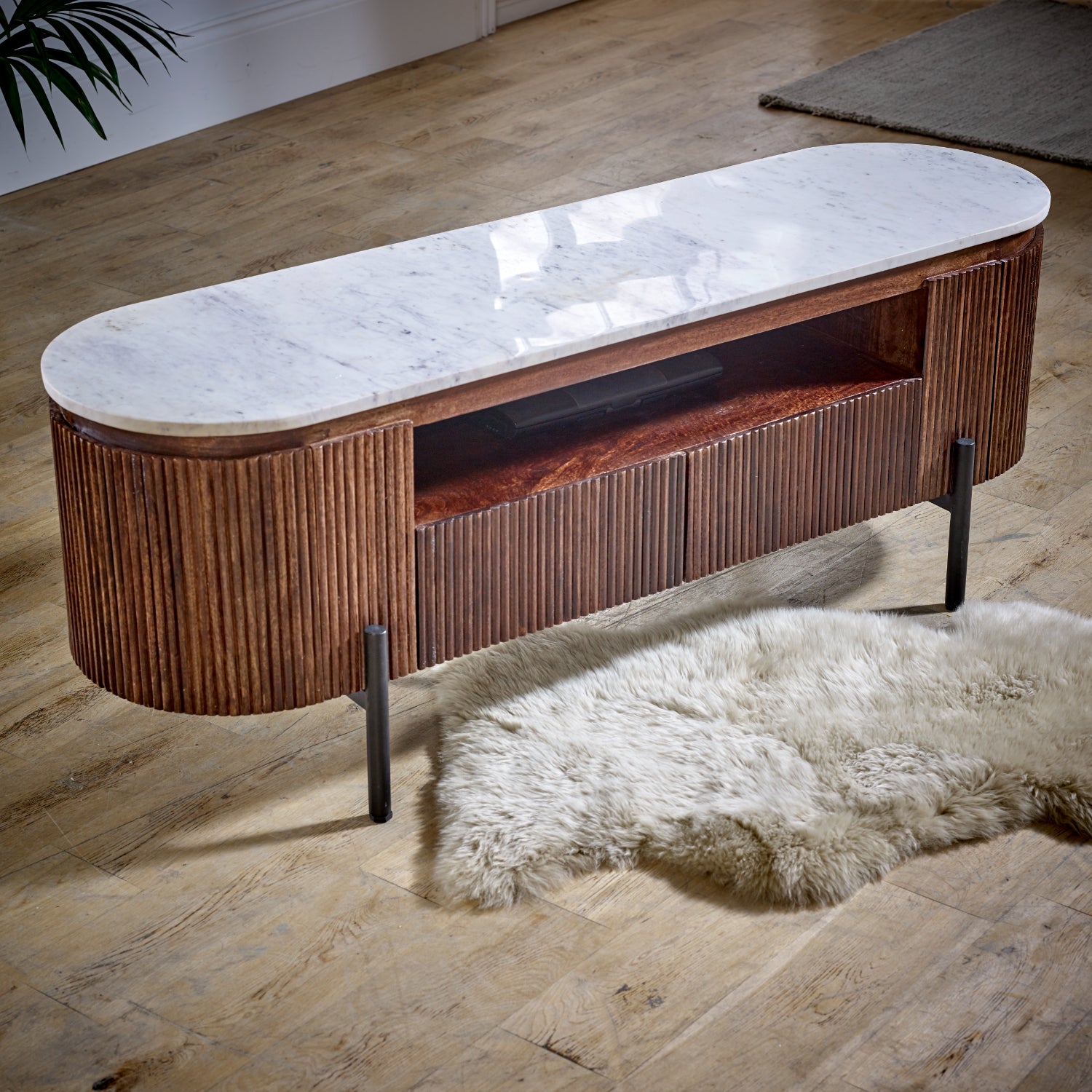 Cardella Mango Wood Tv Cabinet With Marble Top & Metal Legs