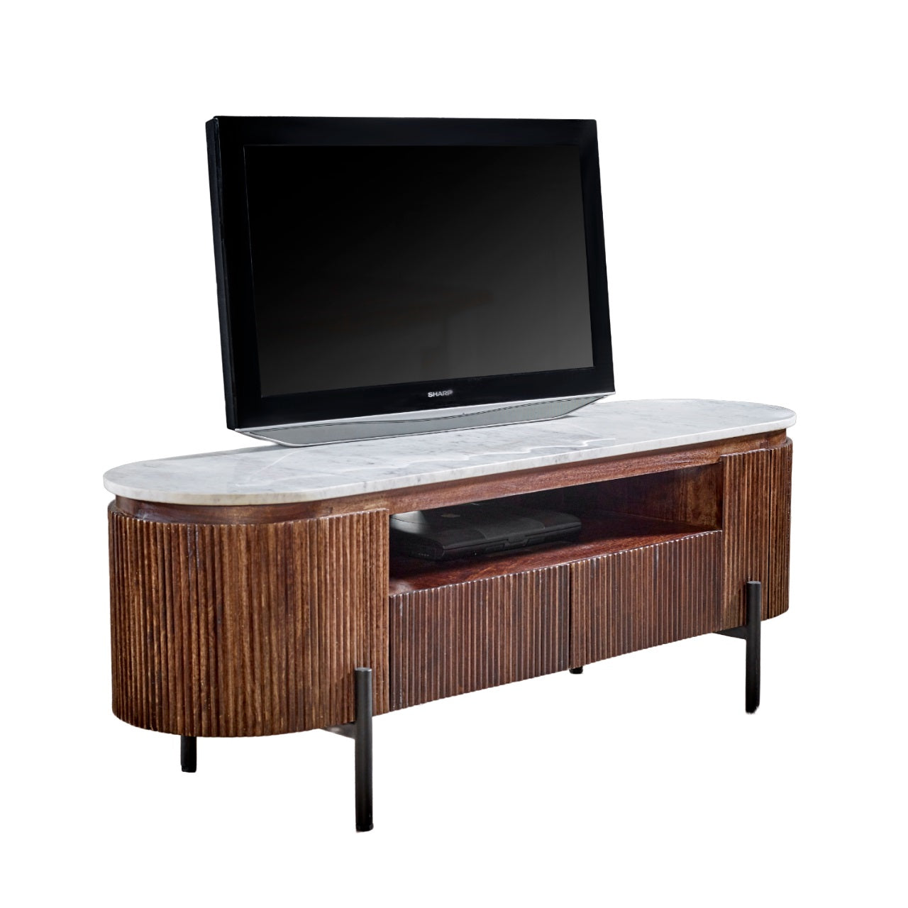 Cardella Mango Wood Tv Cabinet With Marble Top & Metal Legs