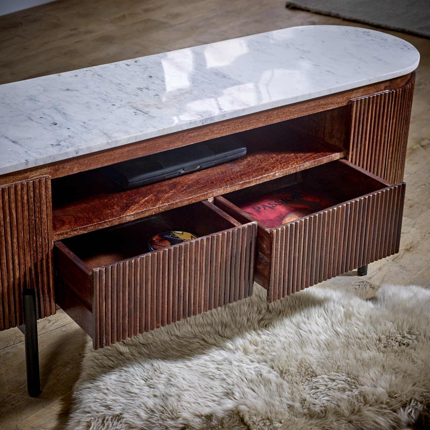 Cardella Mango Wood Tv Cabinet With Marble Top & Metal Legs
