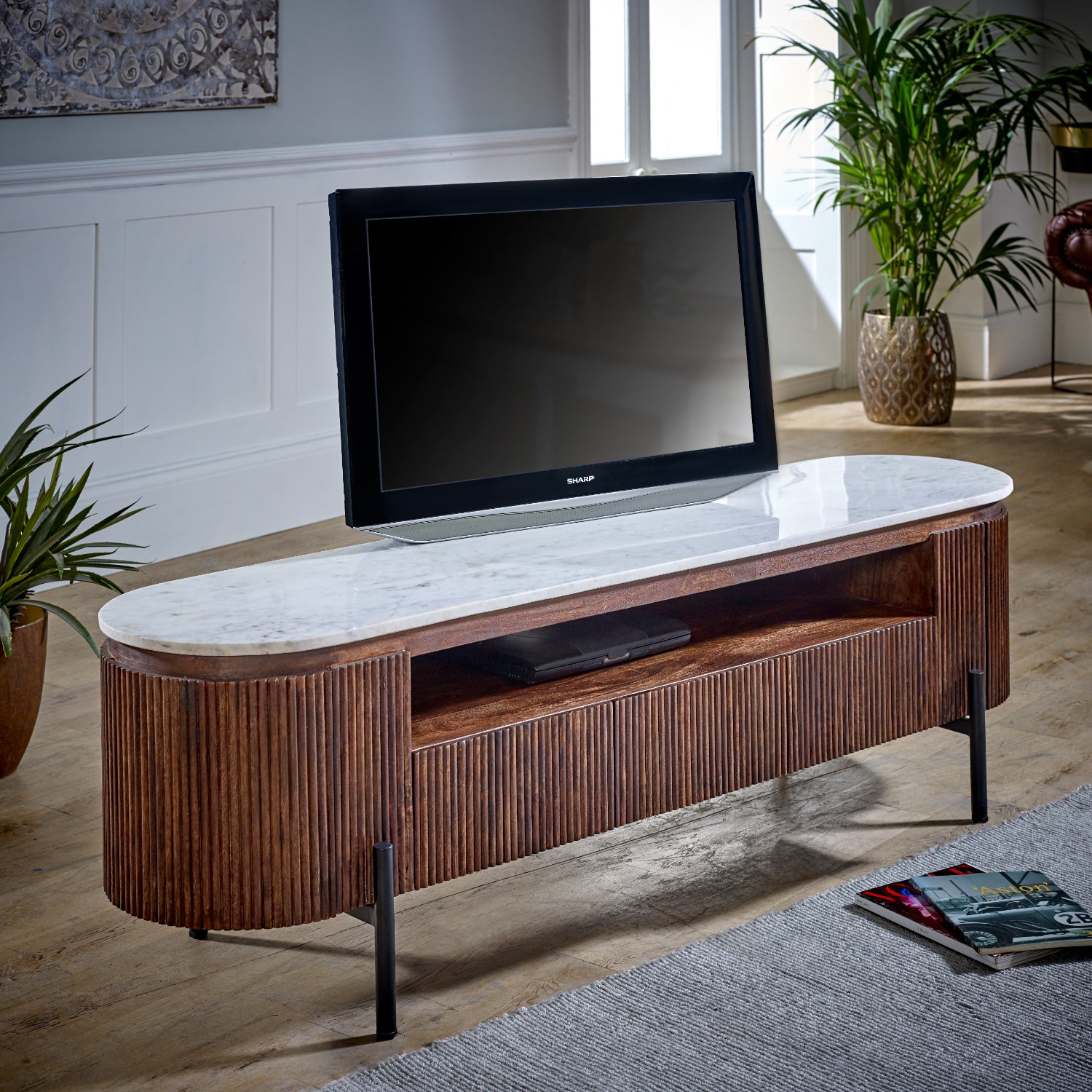 Cardella Mango Wood Large Tv Stand With Marble Top & Metal Legs