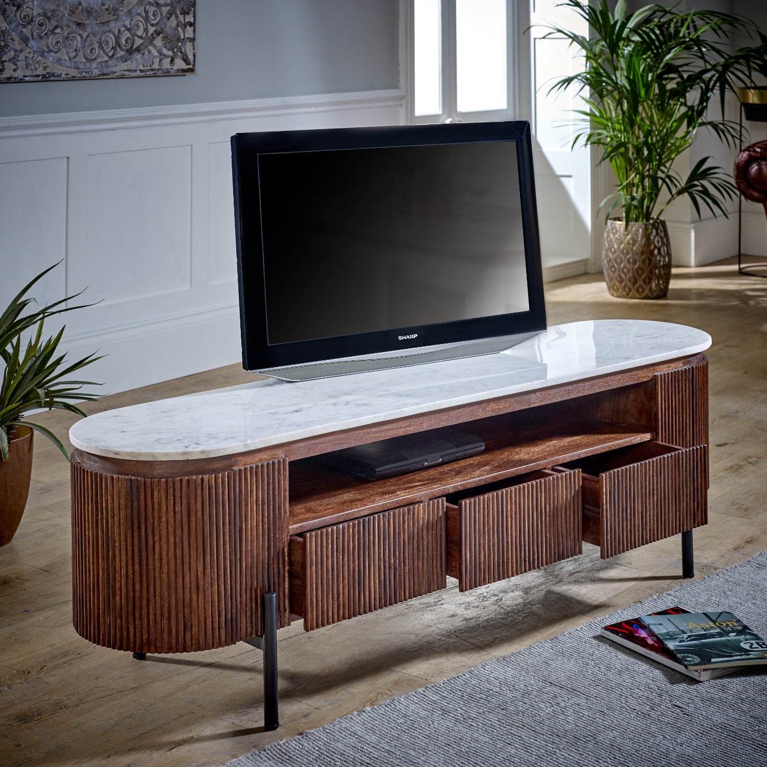 Cardella Mango Wood Large Tv Stand With Marble Top & Metal Legs