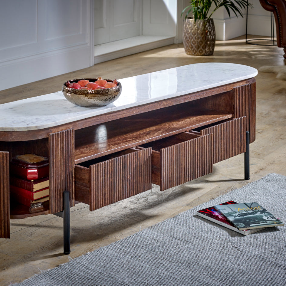 Cardella Mango Wood Large Tv Stand With Marble Top & Metal Legs