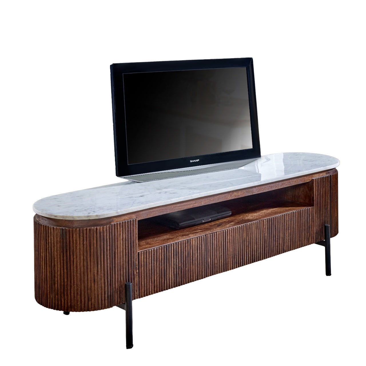 Cardella Mango Wood Large Tv Stand With Marble Top & Metal Legs
