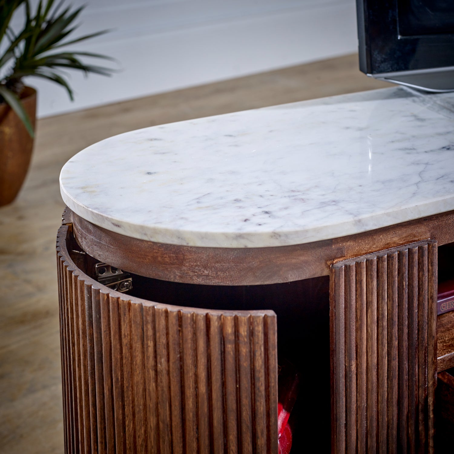 Cardella Mango Wood Large Tv Stand With Marble Top & Metal Legs