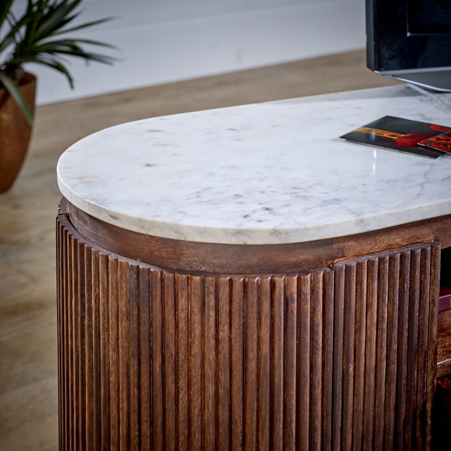 Cardella Mango Wood Large Tv Stand With Marble Top & Metal Legs