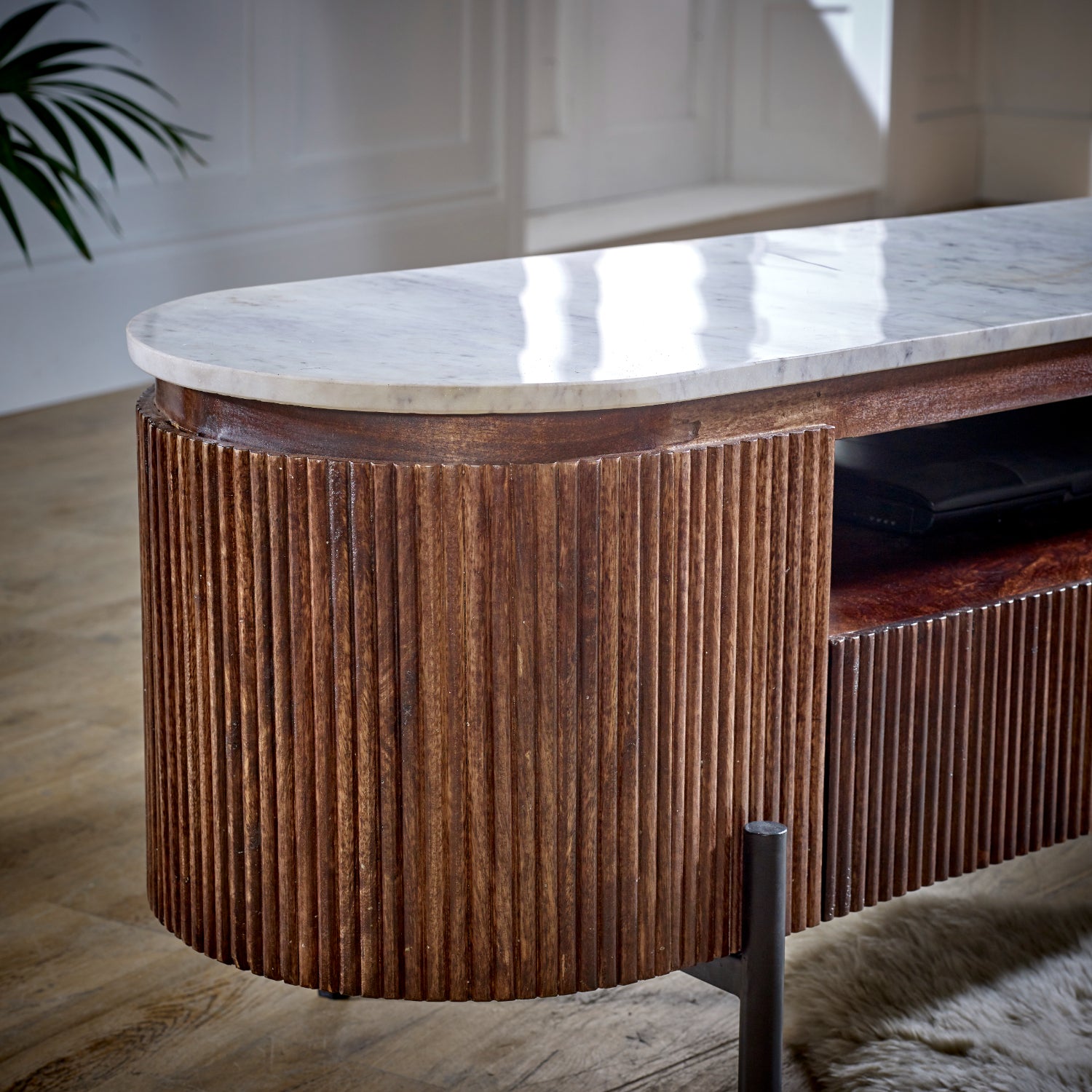 Cardella Mango Wood Large Tv Stand With Marble Top & Metal Legs