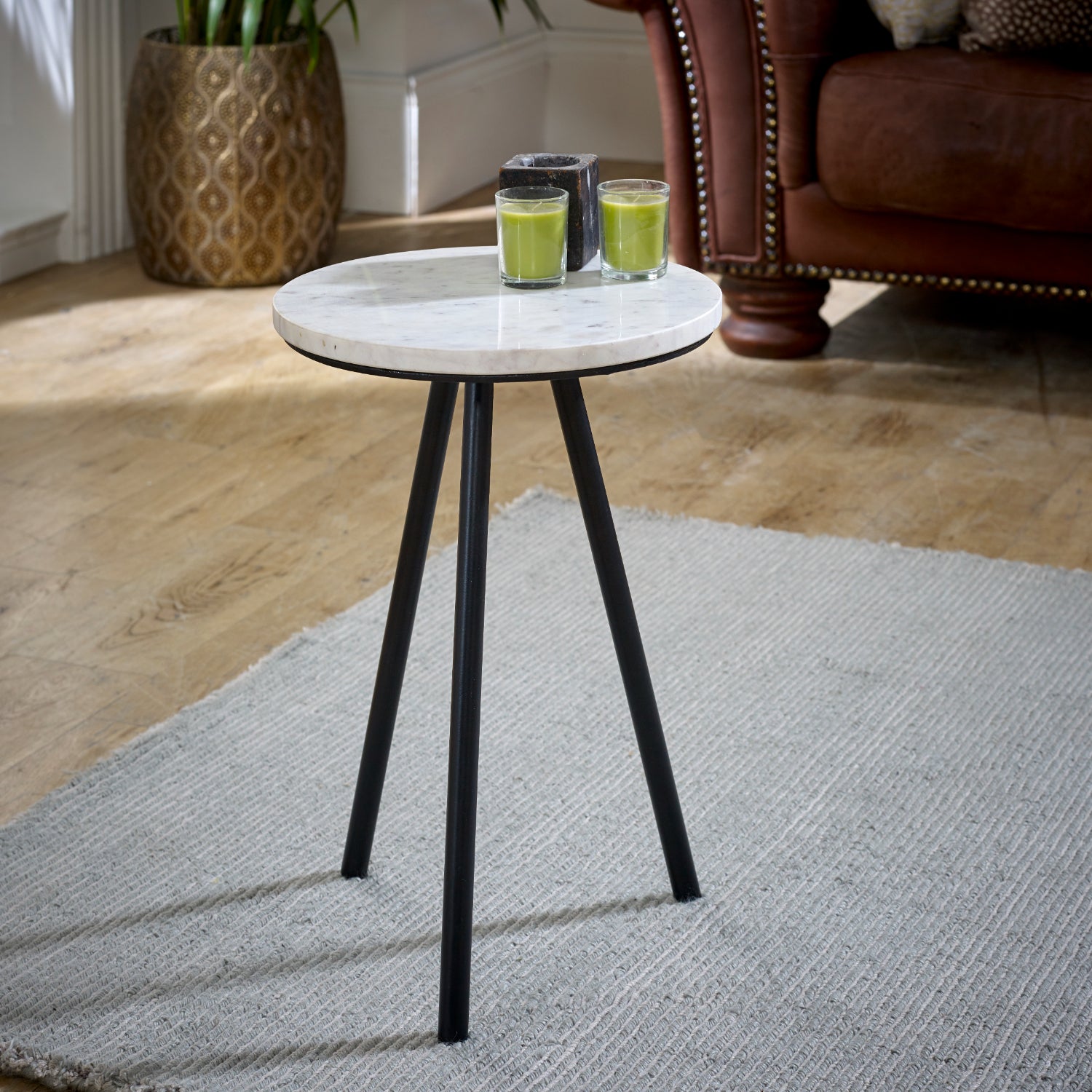 Cardella Side Table With White Marble Top & Metal Legs