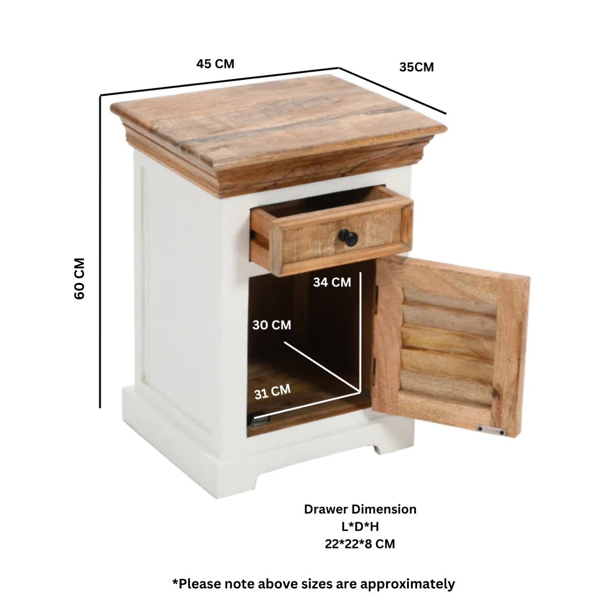 Sorro Solid Mango Wood Bedside Cabinet 1 Drawer + 1 Door