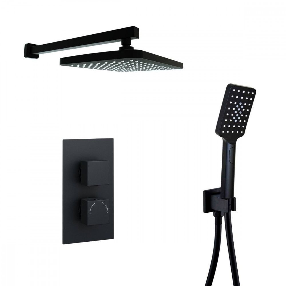 Noir Square Thermostatic Shower (With Diverter) Handshower & Fixed Overhead Drencher