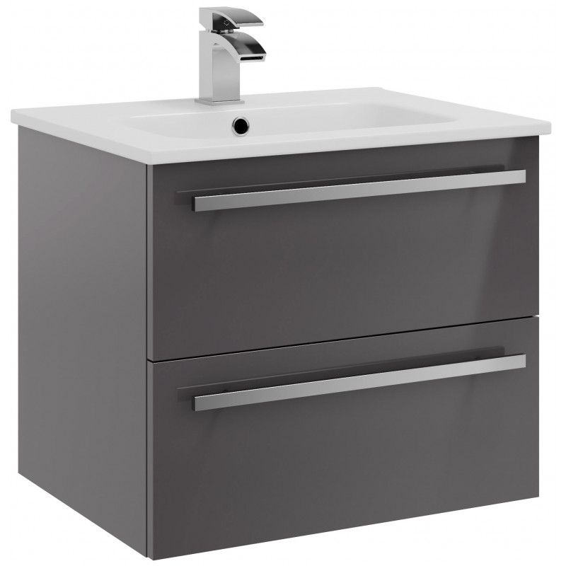 Purilux Storm Grey Gloss Wall Mounted 2 Drawer Unit & Ceramic Basin