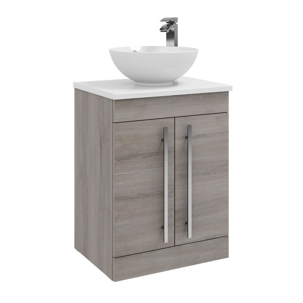 Purilux Silver Oak 600mm Floor Standing 2 Door Unit With Ceramic Worktop & Sit On Bowl