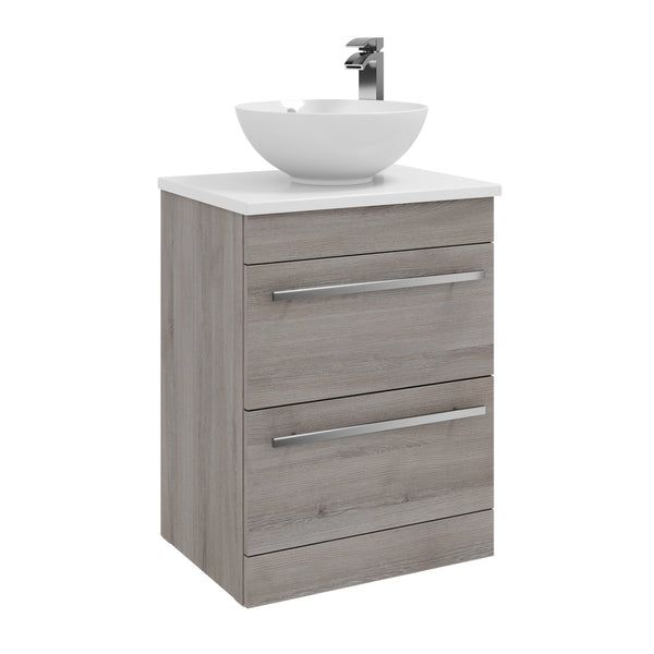 Purilux Silver Oak 600mm Floor Standing 2 Drawer Unit With Ceramic Worktop & Sit On Bowl