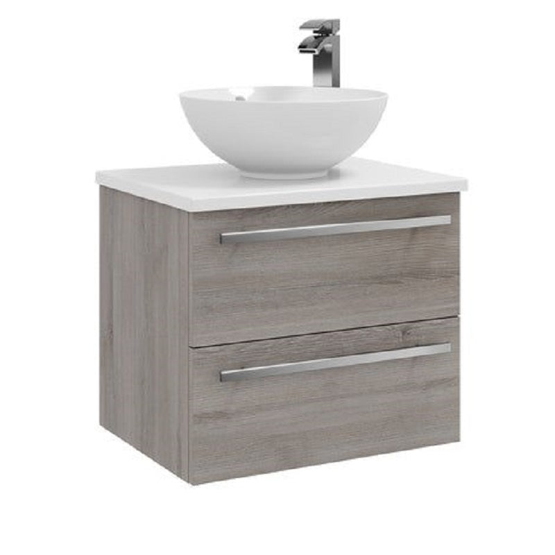 Purilux Silver Oak 600mm Wall Mounted 2 Drawer Unit With Ceramic Worktop & Sit On Bowl