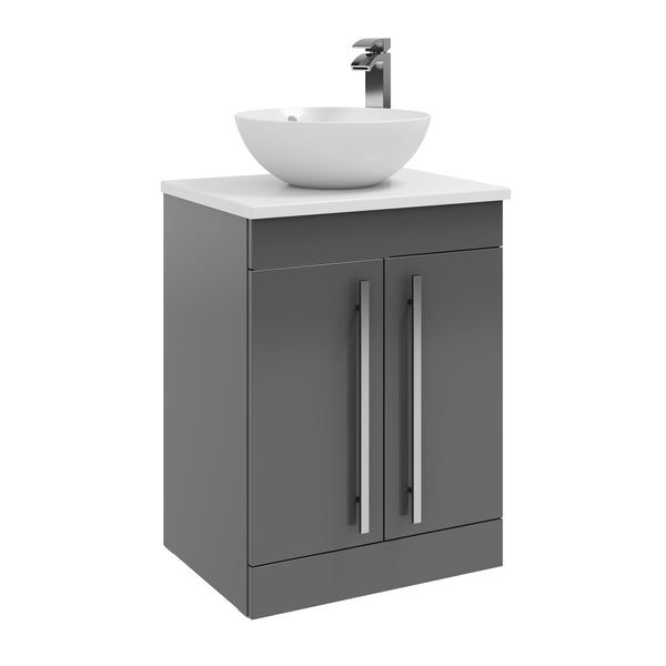 Purilux Storm Grey Gloss 600mm Floor Standing 2 Door Unit With Ceramic Worktop & Sit On Bowl