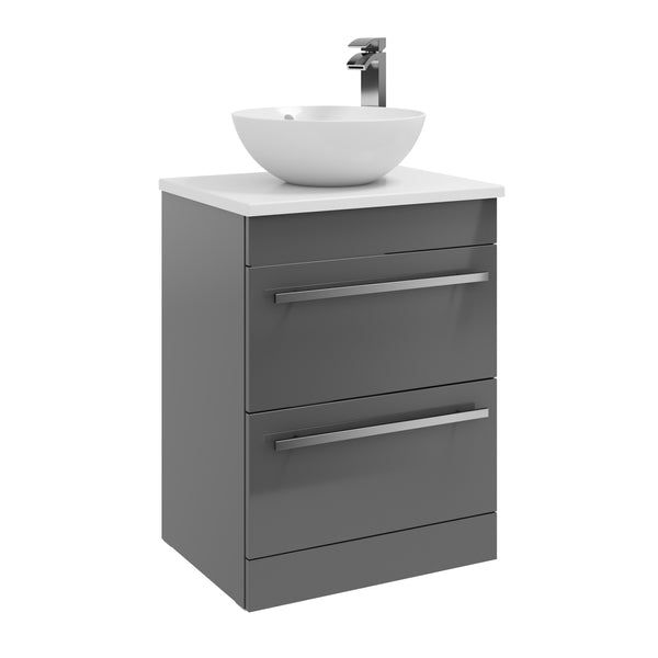 Purilux Storm Grey Gloss 600mm Floor Standing 2 Drawer Unit With Ceramic Worktop & Sit On Bowl