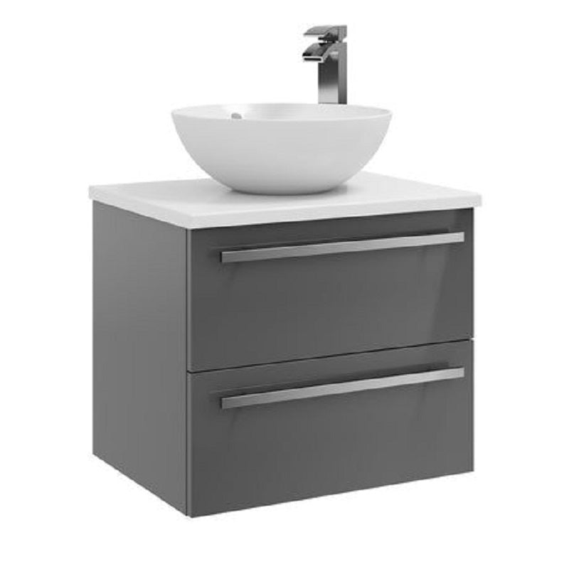 Purilux Storm Grey Gloss 600mm Wall Mounted 2 Drawer Unit With Ceramic Worktop & Sit On Bowl