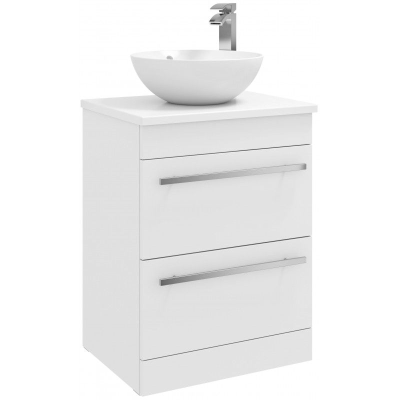 Purilux White Gloss 600mm Floor Standing 2 Drawer Unit With Ceramic Worktop & Sit On Bowl