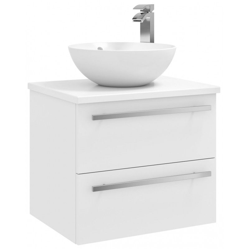 Purilux White Gloss 600mm Wall Mounted 2 Drawer Unit With Ceramic Worktop & Sit On Bowl