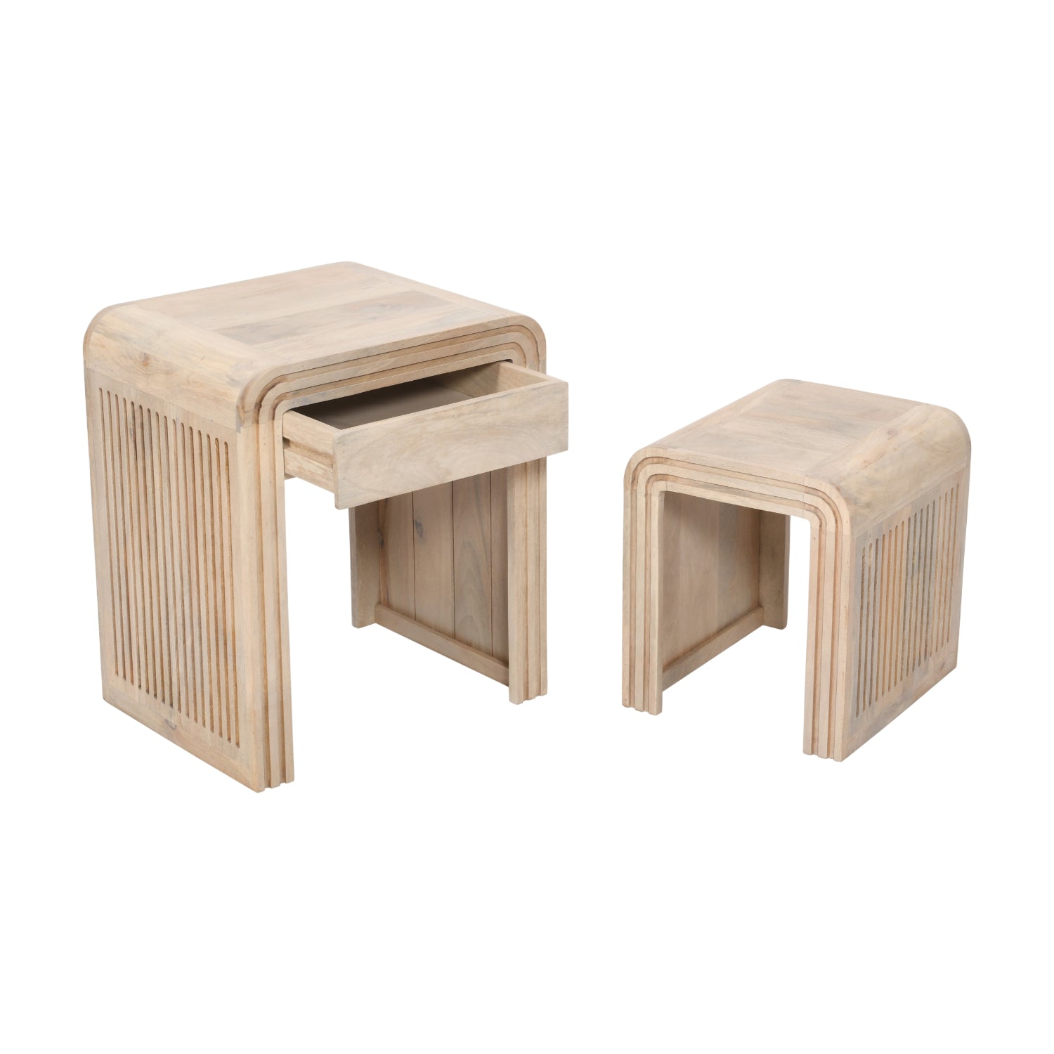 Tutti Carved Mango Wood Nest Of 2 Tables With Drawer