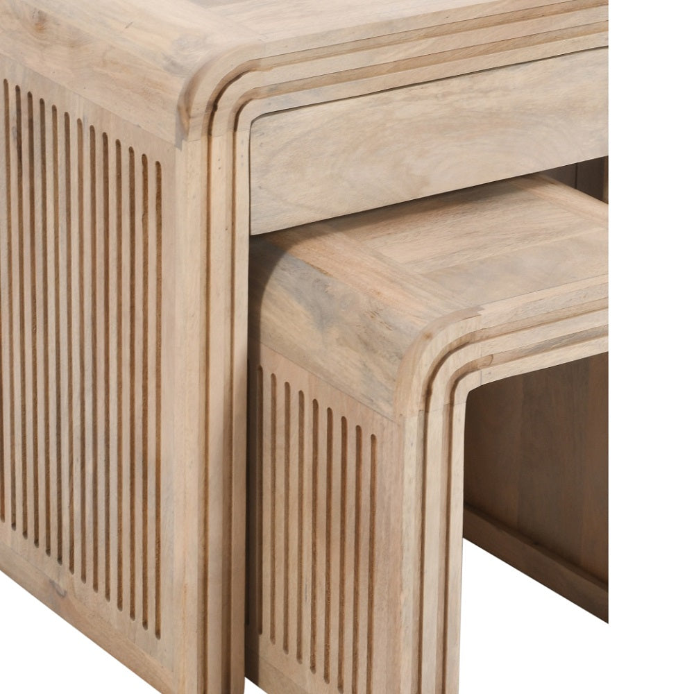 Tutti Carved Mango Wood Nest Of 2 Tables With Drawer